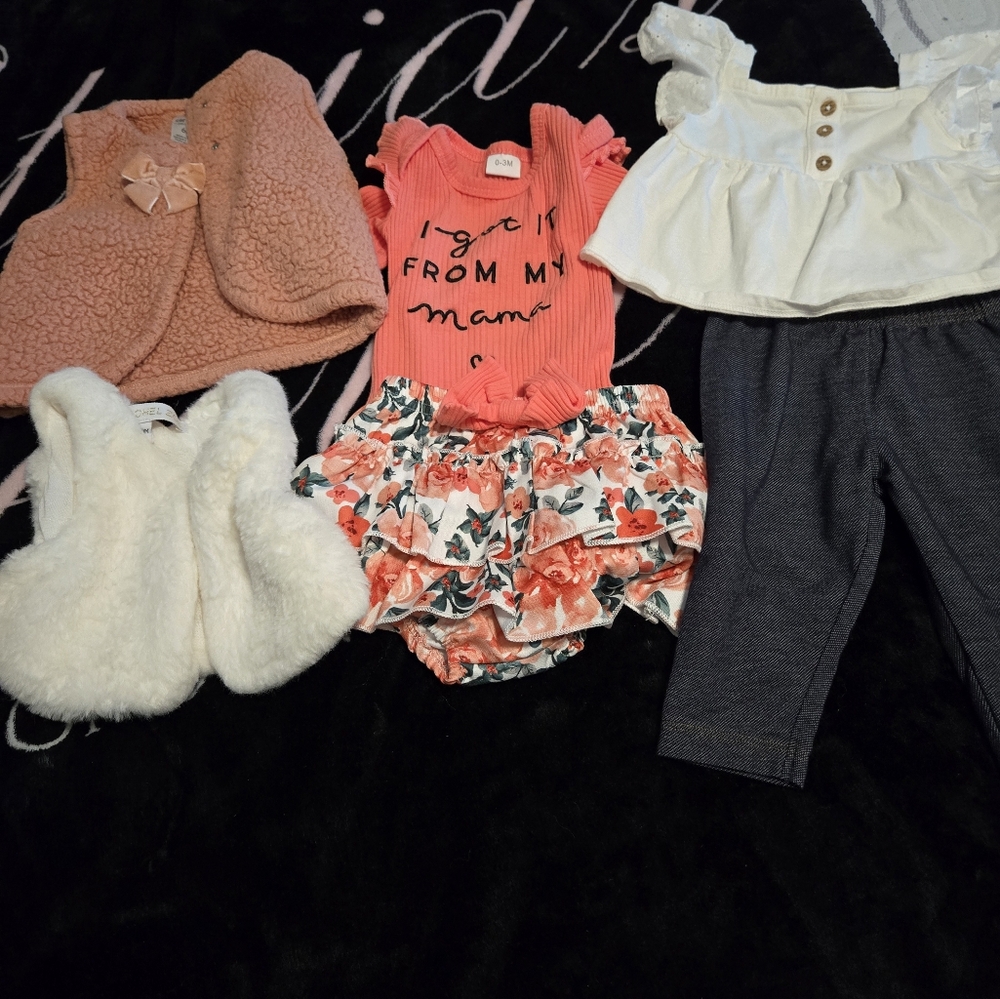 Baby Girl Clothing Set - Pink, White, Floral, Gray 3-6 mo old.